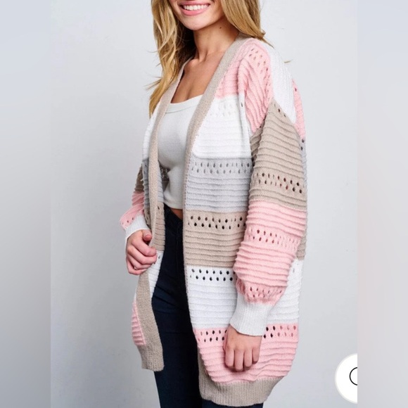Pink, White, and Beige Striped Women's Cardigan - Picture 2 of 3